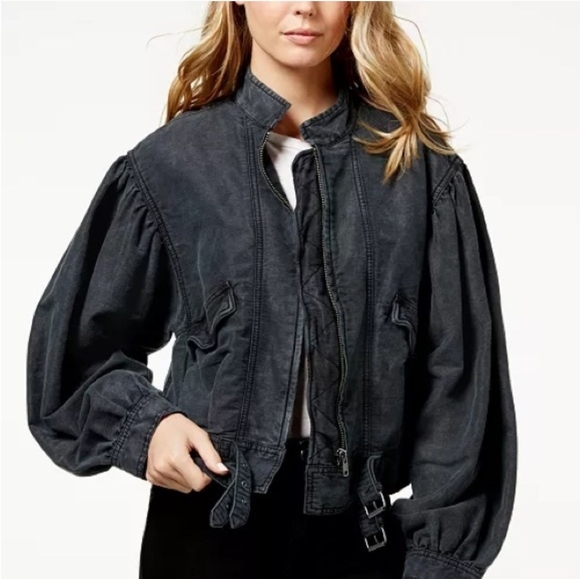 Free People Black Poet Bishop Sleeve Cotton Linen Jacket Size S - Picture 2 of 8